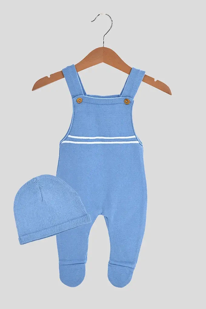 Jardineira de Malha com Gorro Riscas — Azul Suave